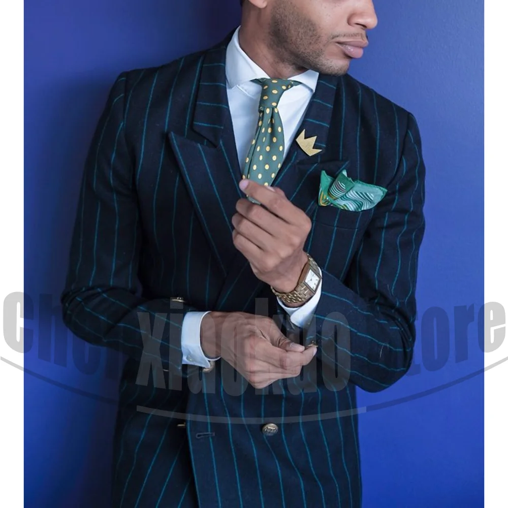 

Fashion Striped Men Suits 2 Piece Sets Peak Lapel Double Breasted Tailor-made Outfits Chic Smart Casual Male Luxury Clothing