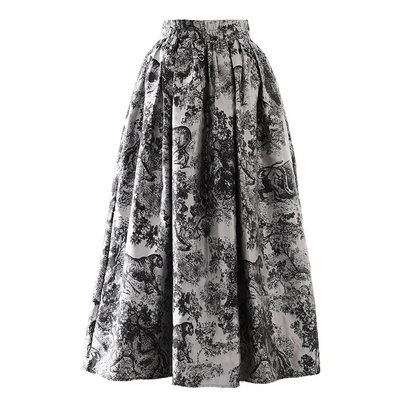 High Quality Vintage Embroidery Jacquard High Waist Women Skirt Fashionable Elegant Elastic Waist Mid-long A-line Goddess Skirt