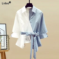 2023 summer temperament commuting V-neck color matching lace up waist closure casual oversized versatile women's stylish shirt