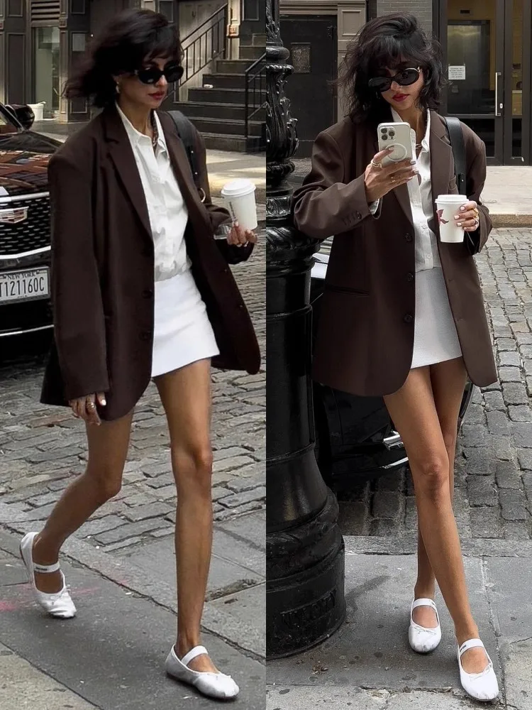 Casual Coffee Colored Women's Suit Jacket for Interview EXJRVenetia Alia2025 New Autumn Style Standard Fit Long Sleeve