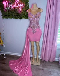 Robe de Rhcourte rose sexy avec appliques perlées pour filles noires, robes de soirée d'anniversaire dos nu, mini zones de cocktail, 2023