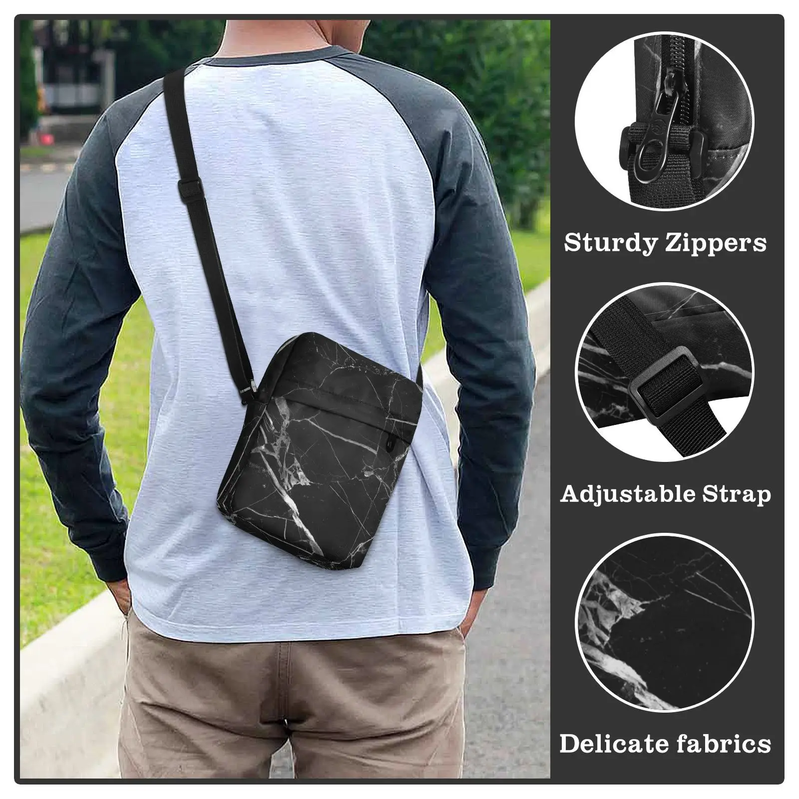 Fashion Men's Shoulder Bag Black Marble Print Handbag Easy Travel Crossbody Bag Quality Small Messenger Bag