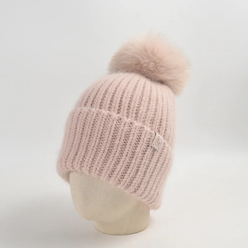 Hat Real Fox Fur Pompom Women Winter Beanie Angora Knit Autumn Warm Skiing Accessory For Cold Weather Sports Outdoor Holiday