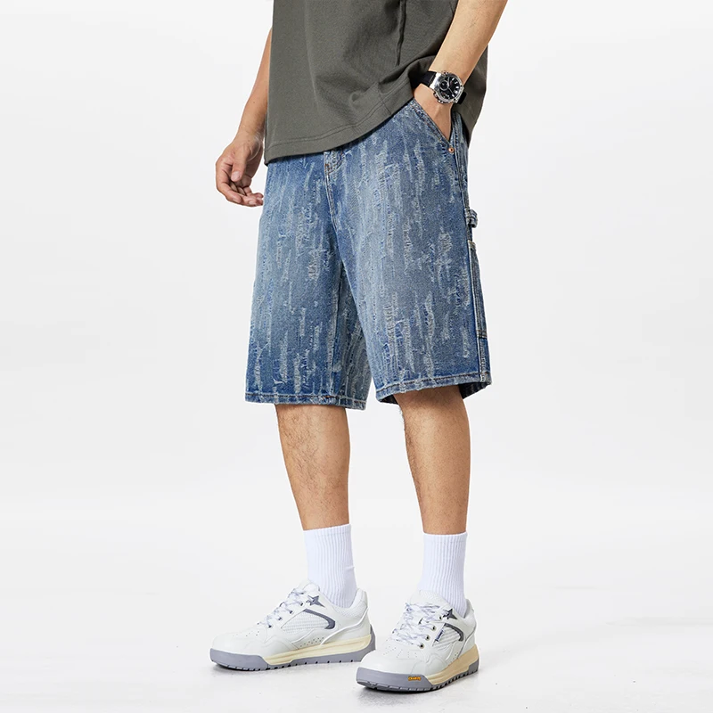 

XY 9936 New trendy casual washed American retro jacquard denim shorts for men's summer thin five quarter pants