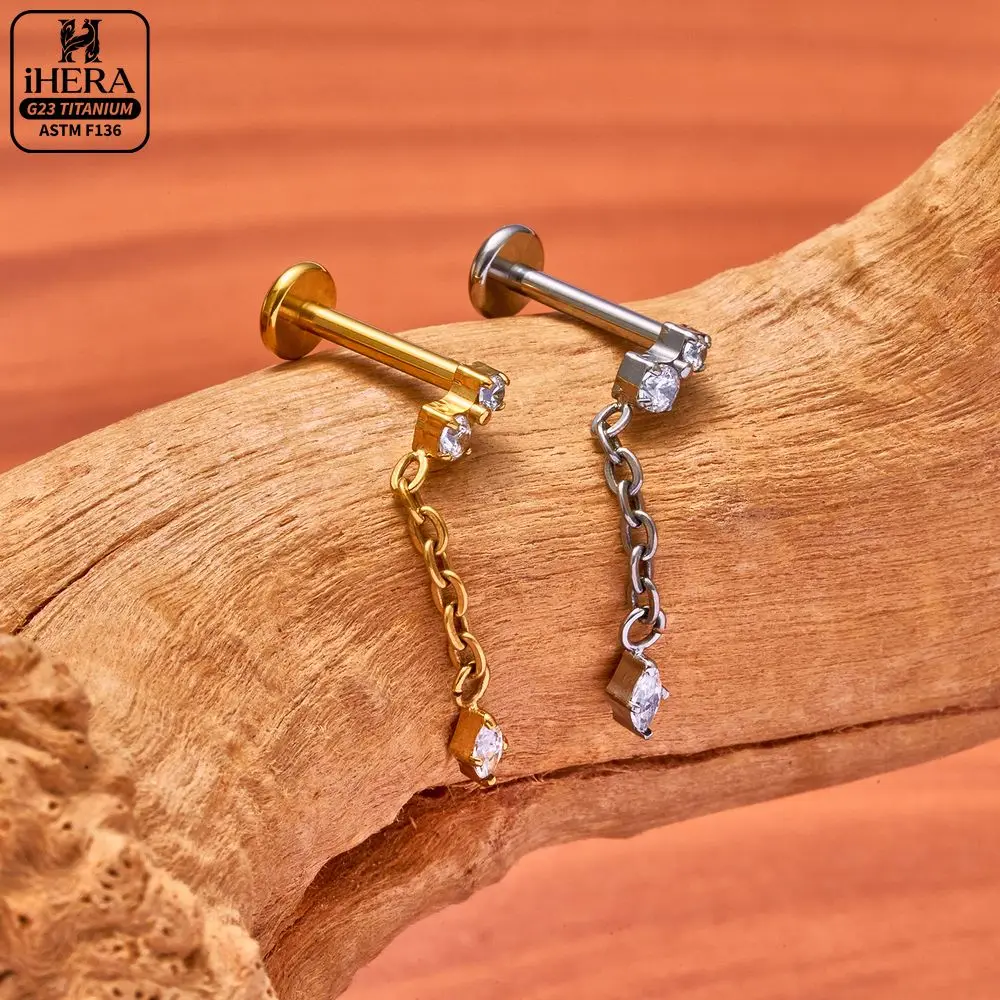 ASTM F136 Titan-Ohrstecker mit Marquise-Zirkonia, flacher Rückseite, glitzernder Kette, Baguette-Kreuz, Labret, Helix, Tragus, Conch, Ohrstecker-Schmuck – Detail 7