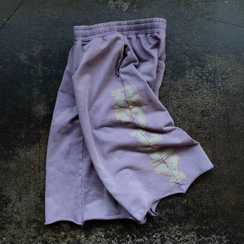 Sunfade Letter Print Capri Pants Y2K Retro Imperfect Purple Shorts American Hip Hop Casual Streetwear Unisex Baggy Sweatpants