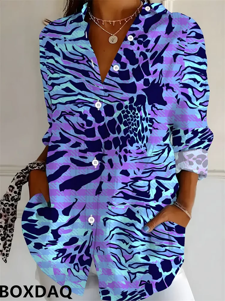 Women's Autumn/Winter Long Sleeved Blouse Gradient Leopard Pattern Print Lapel Single Breasted Casual Shirts Women's Fashion Top