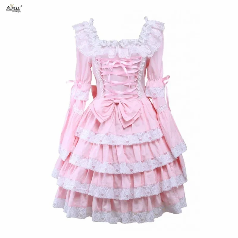 Dolce Lolita Abito in cotone Rosa Cravatte anteriori in pizzo Maniche staccabili Ragazze carine Lolita Dress Coaplay Costumi Party Club XS-XXL