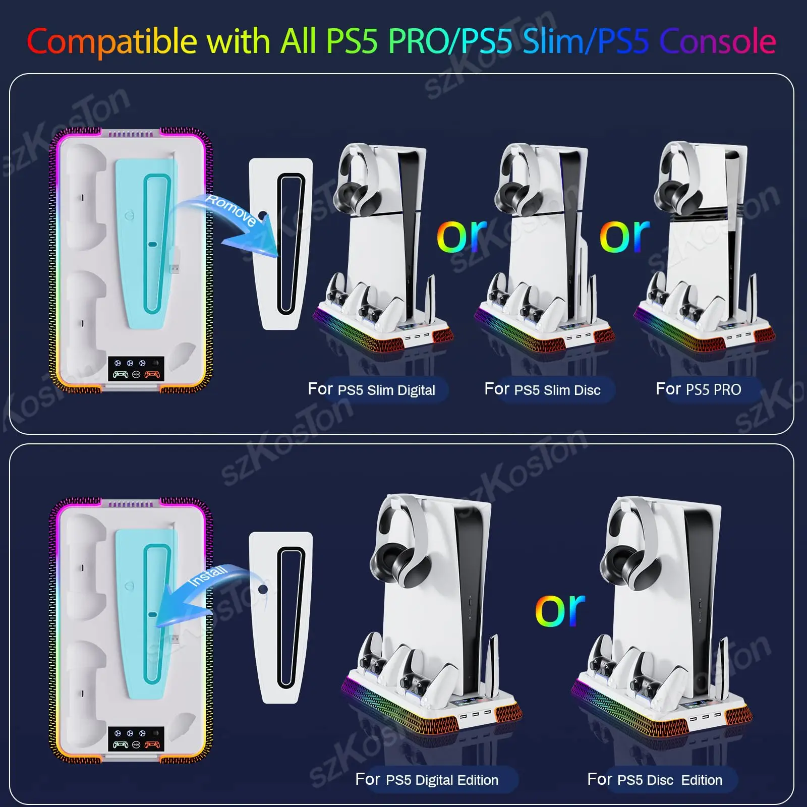 For PS5 Pro PS5 Slim Games Consoles Vertical Stand Cooling Station Cooling Fan Controller Charger for PlayStation 5 Accessories