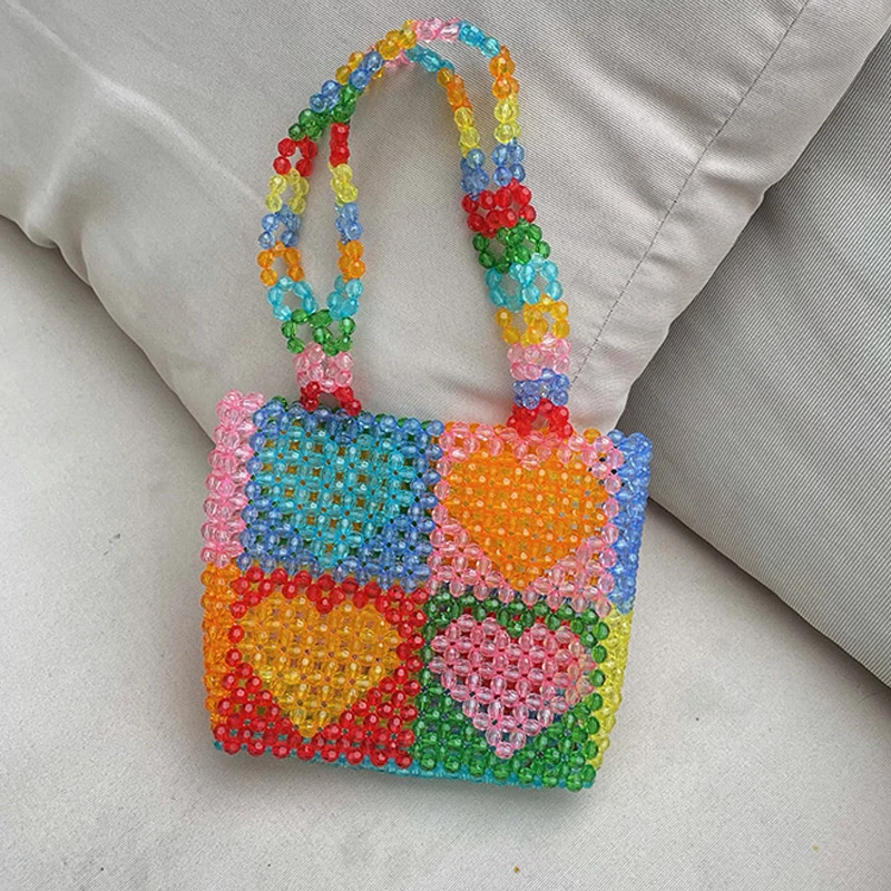 SHINE Square Heart Hand Woven Beaded Pearl Peach Heart Plaid Colorblock Tote Shopping Women Handbags colorful Designer Bags