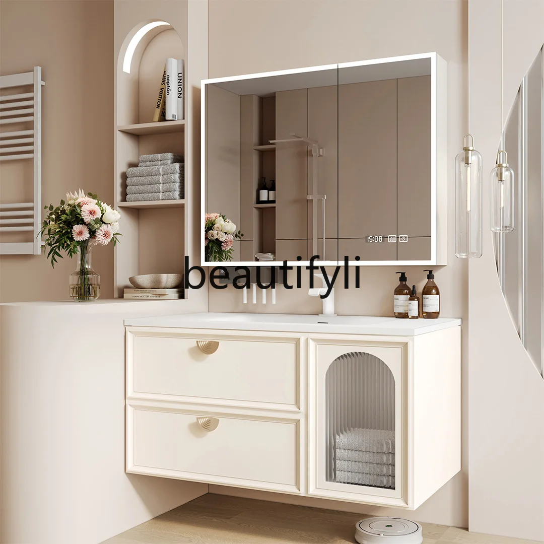 

Cream wind rubber wood paint rock slab integrated basin bathroom mirror cabinet combination