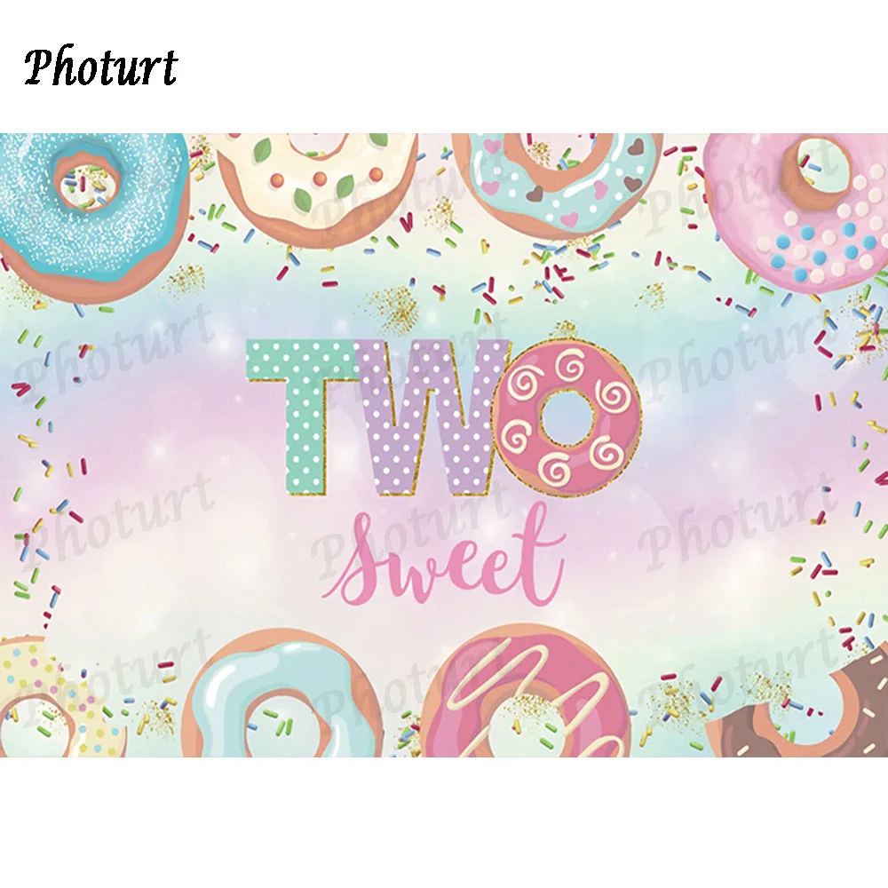 PHOTURT Two Sweet Doughnut Backdrop Girl Birthday Decoration Background Pink Colorful Vinyl Polyester Photography Decor Props