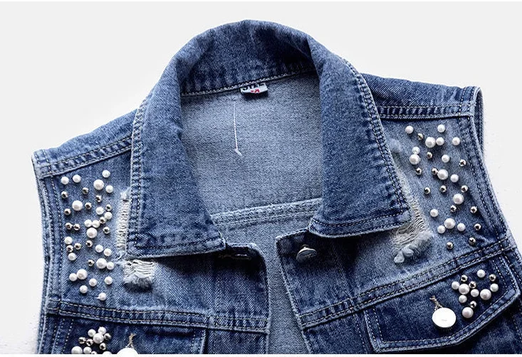 Denim Women Vest Luxury Pearls Fashion Ripped Autumn Plus Size Jeans Jacket Sleeveless Loose Short Coat Causal Waistcoats