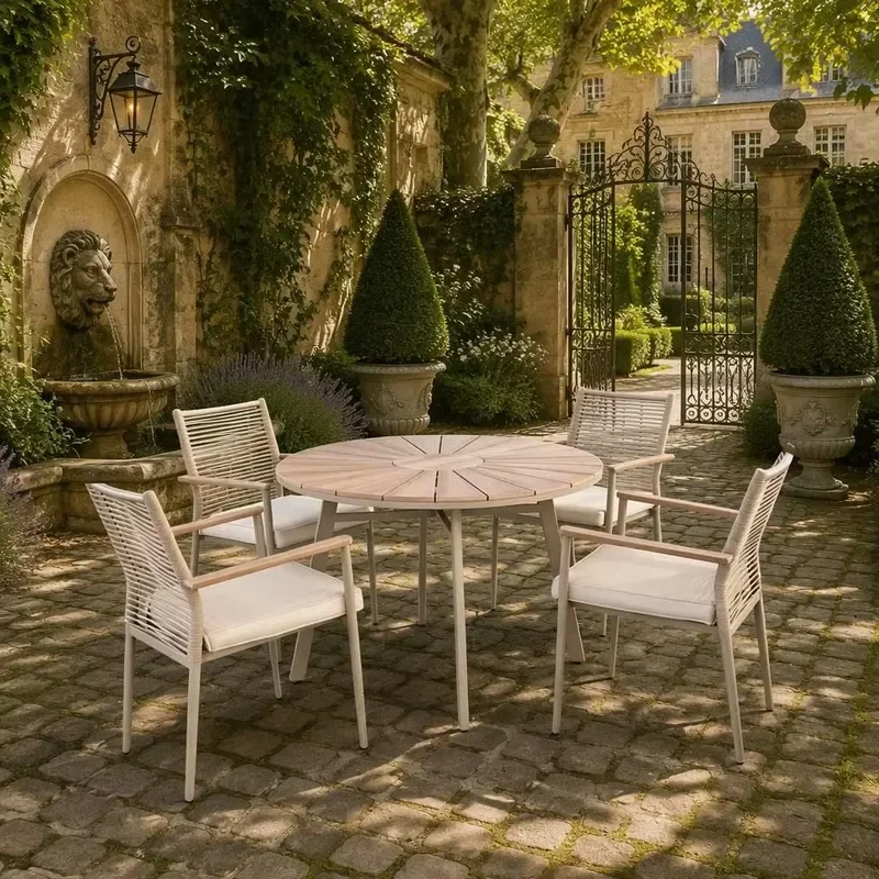 for Deluxe Outdoor Dining Table Set of 5 with Hand Woven Armchairs Wooden Decorative Armrests Round Slatted Table for