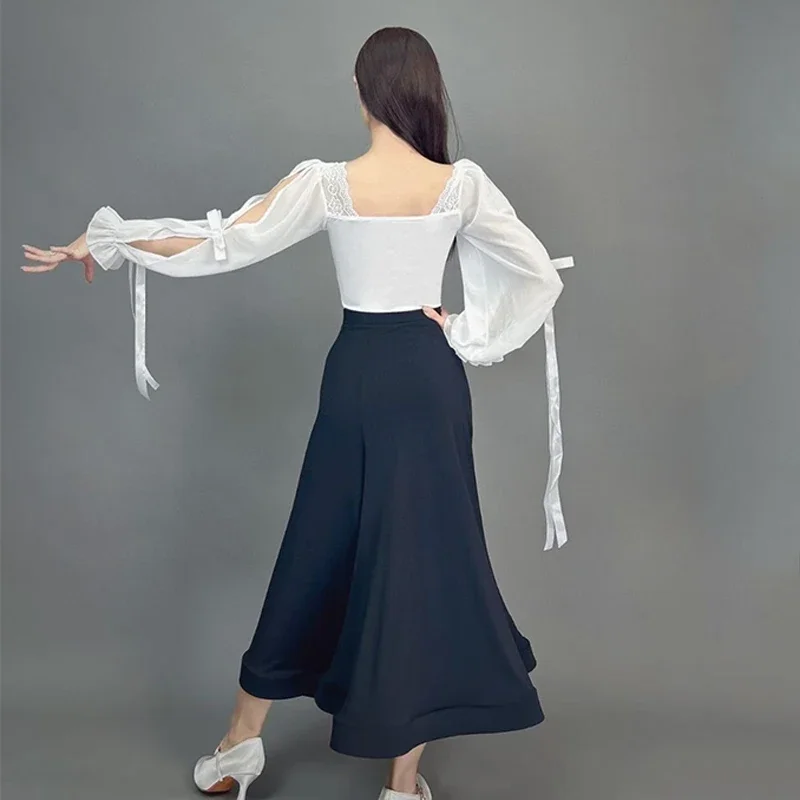 White Black Tops Skirt Adult Standard Competition Dress Ballroom Dance Dress Women Waltz Dance Performance Costume Lace