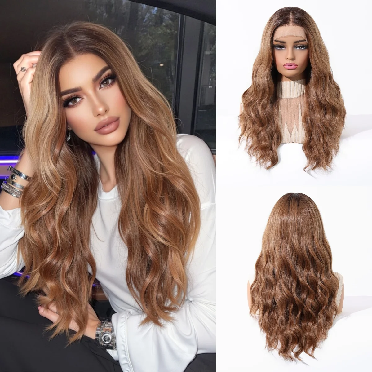 ALAN EATON 13*6 Brown Lace Synthetic Wigs Long Dark Root Wavy Middle Part Wig for Women Daily Party Use Heat Resistant Fiber