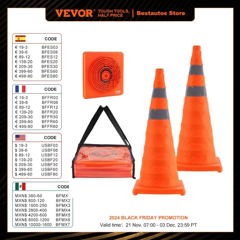 VEVOR Coni stradali di sicurezza, Coni stradali pieghevoli, coni da costruzione 295 x 295 mm con collare riflettente, coni di segnalazione con custodia, controllo del traffico, parcheggi