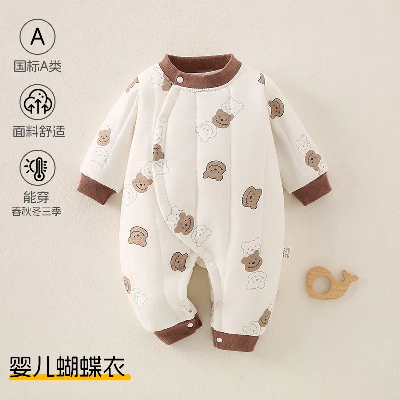 Somenie Thin Pure Cotton Butterfly Newborn Romper Warm Belly Protection Monk Style Baby Crawling Onesie Autumn Winter Outfit