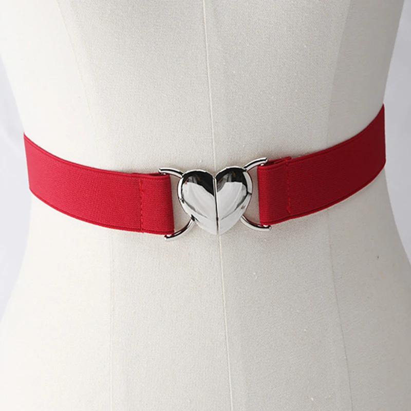 Fashion Thin Elastic Stretch Waistband Love Heart Metal Buckle Belt For Women Dress Waist Seal Belts Accessory Solid Color Belts