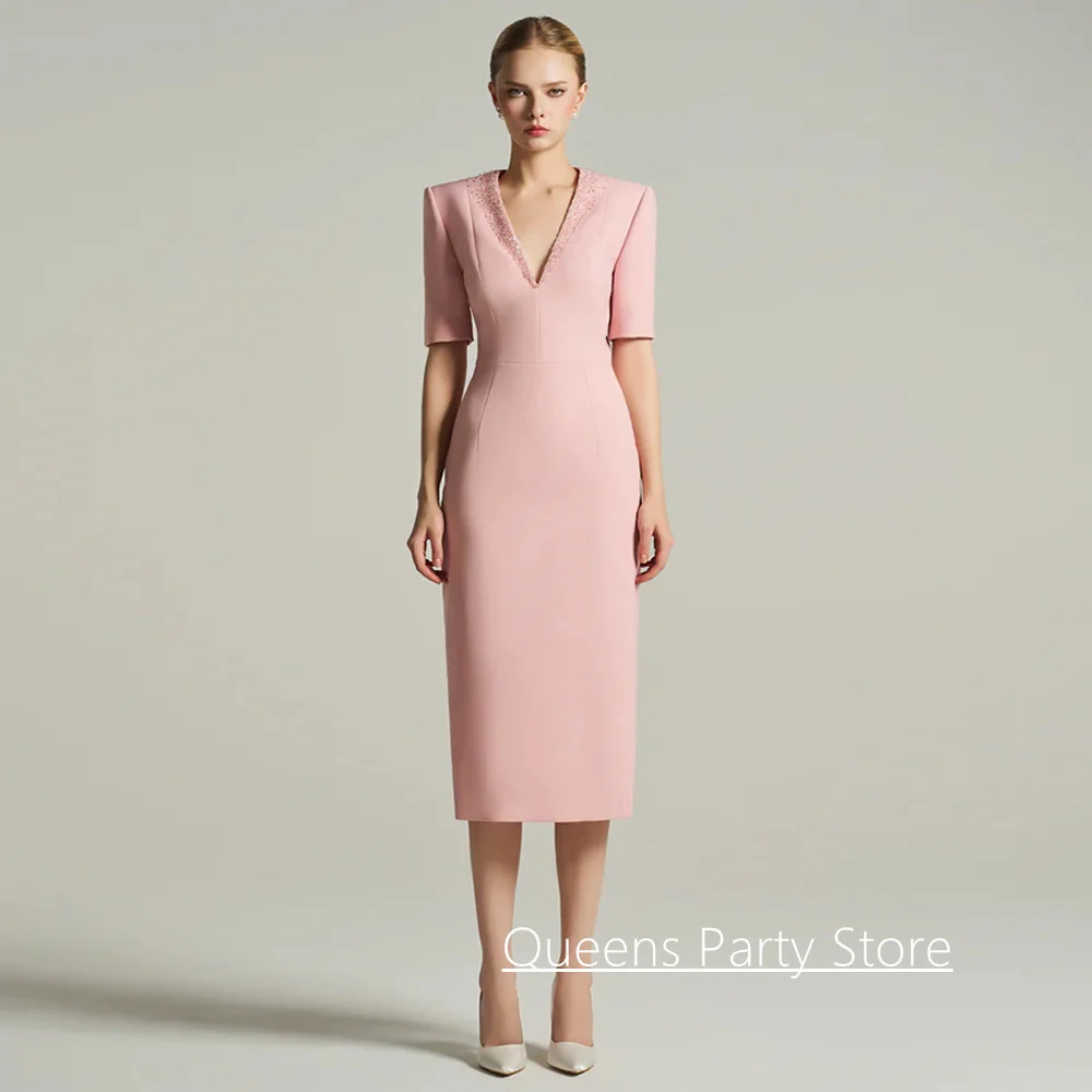 

Sexy Evening Dress Customized Short Sleeves V Neck Beading Sequined Arabian Cocktail Party Gown Woman Prom Dresses