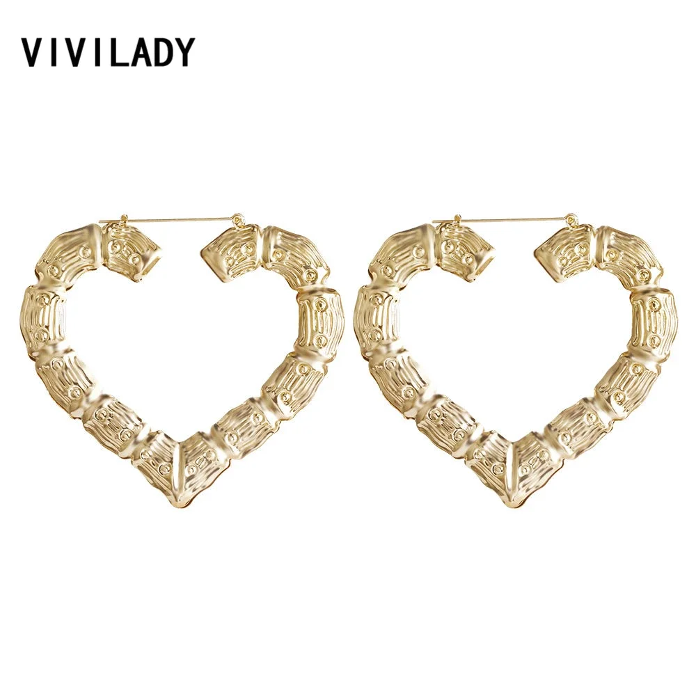 VIVILADY Big Large Bamboo Heart Hoop Earrings Women Gold Silver Color Basketball Wives Statement Brincos Boho Jewelry Party Gift