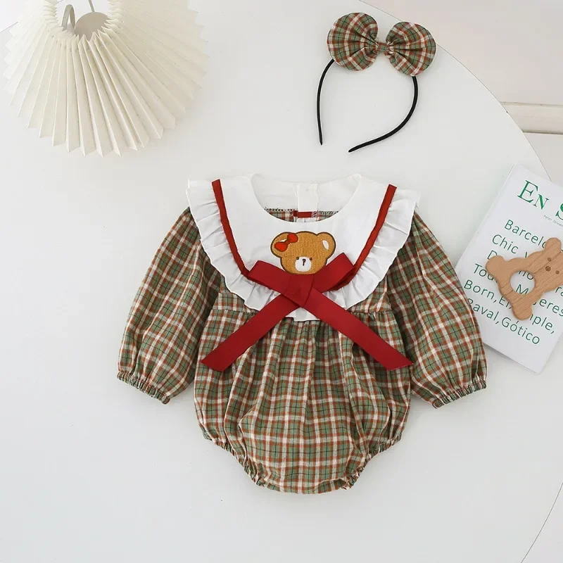 New Spring Autumn Baby Girl Matching Outfits Long Sleeves Bodysuit/Bear Plaid Patchwork Casual Dress Twins Clothing H7701