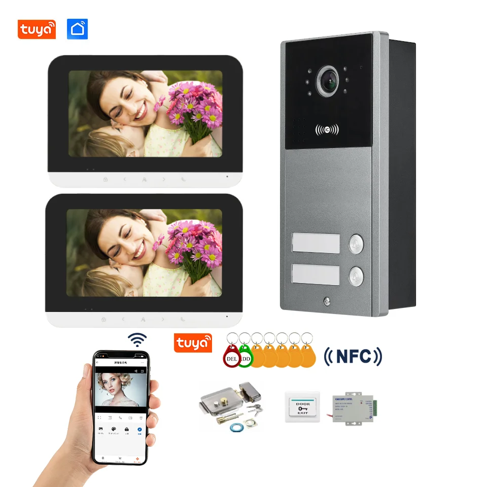 

Wired WIFI Video Intercom Security AHD 1080P Doorbell System Phone Remote Unlock RFID Metal Camera For 2 Apartment Family