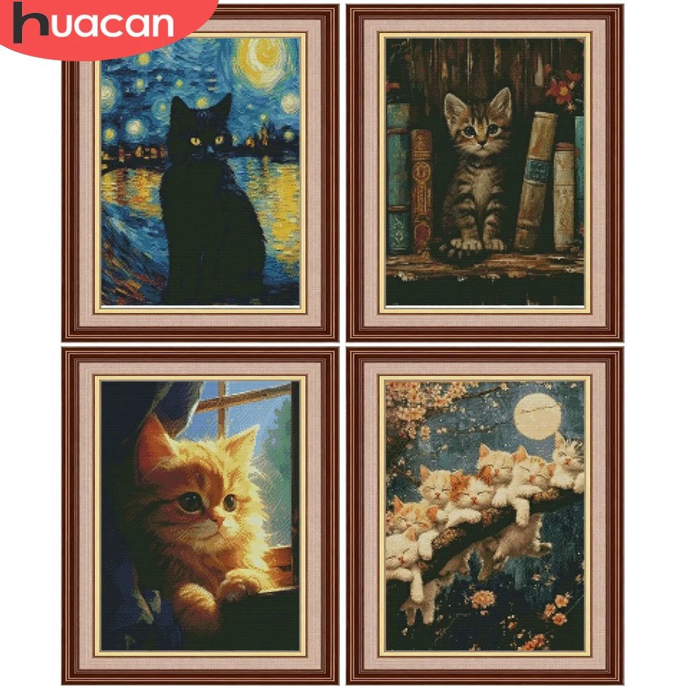 HUACAN Kreuzstich-Stickset, Katze, Tier, 11 CT, Fäden, Handarbeiten, Basteln, DIY-Geschenk, Dekoration für Zuhause