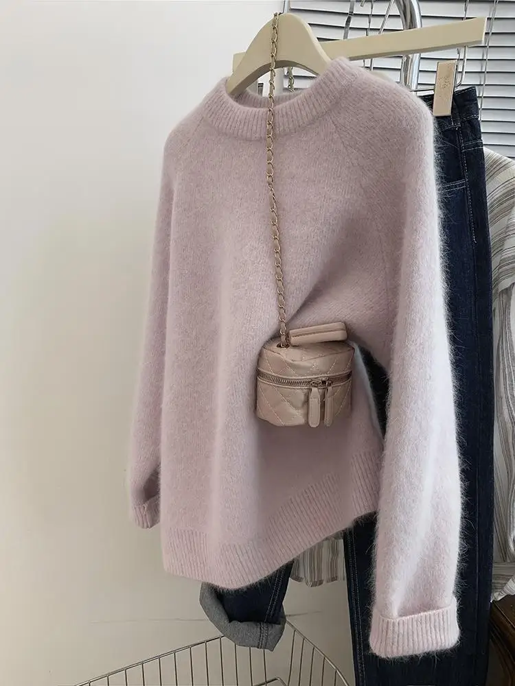 Suéter básico de cuello redondo con hombros descubiertos para mujer, moda coreana, Otoño Invierno, nuevo suéter clásico de punto de manga larga de Color sólido para mujer