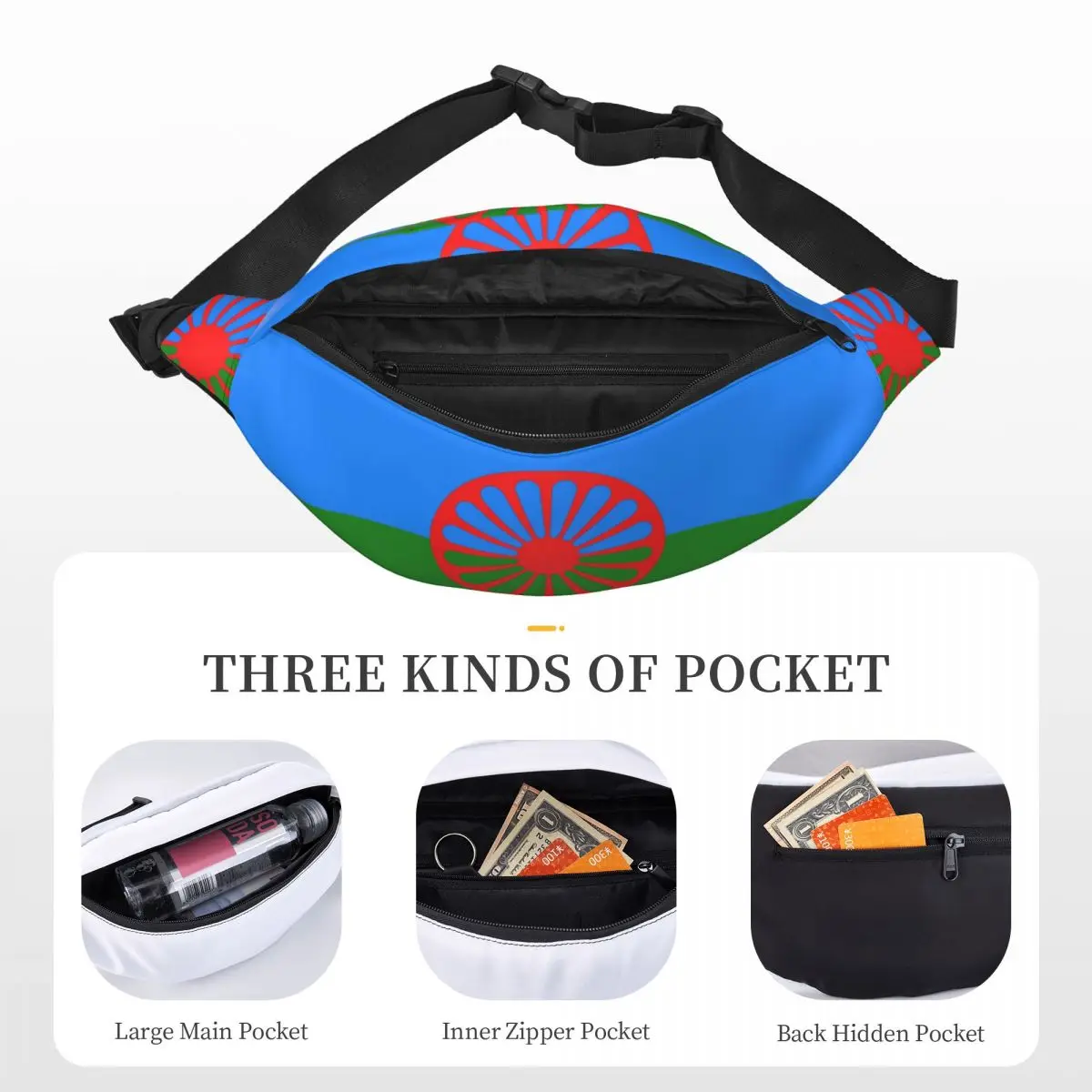 Casual Romany Fanny Pack for Travel Hiking Men Women Gypsy Flag Sling Crossbody Waist Bag Phone Money Pouch