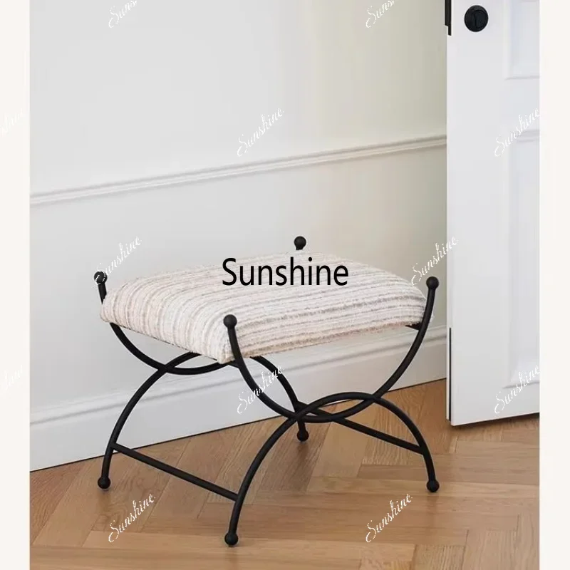 Mid Century French Vintage Stool with Woven Cushion Black Metal Frame Entryway Bench for Hallway Living Room BedroomTJ