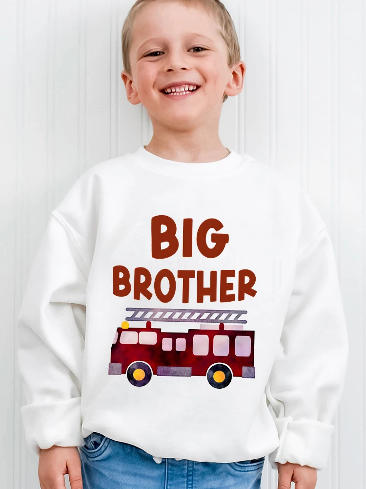 Cartoon Fire Engine Print Sweatshirt Big Brother Little Brother Pullover Funny Truck Lover Long Sleeve Sibling Boys Y2K Sudadera