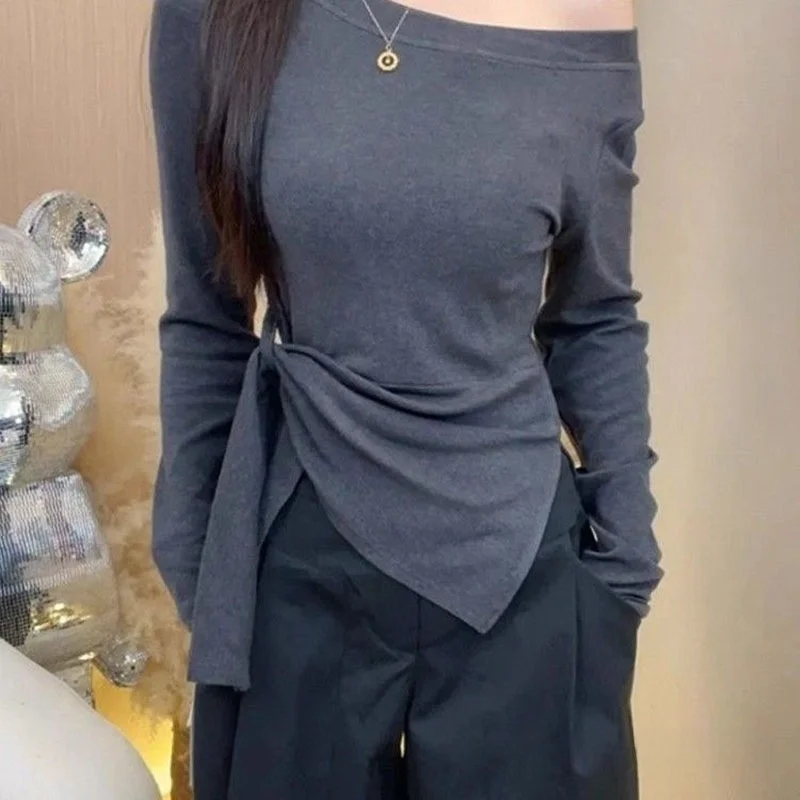 

Женская футболка с длинным рукавом, осенний утягивающий топ, повседневный темно-серый корейский стиль, винтажная асимметричная полоска на плечо