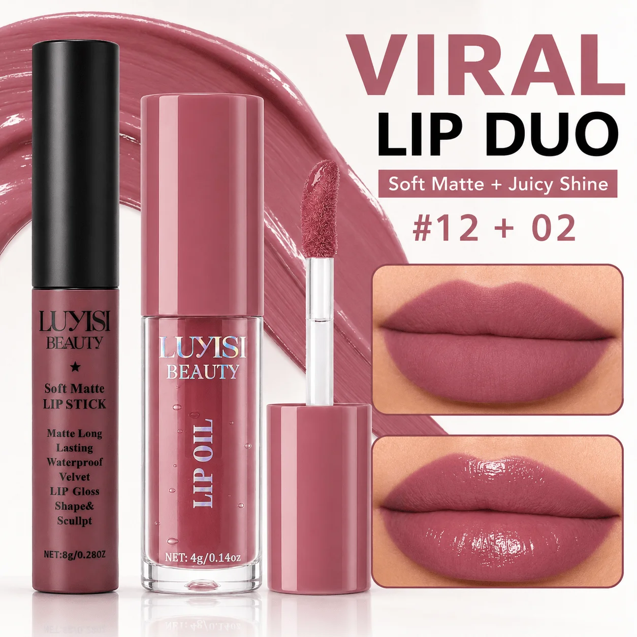 2Pcs Lip Makeup Set:1pc Lip Glaze + 1pc Lip Oil,Glossy Color And Hydrating Shine,Lightweight Smooth Texture,Easy To Apply.