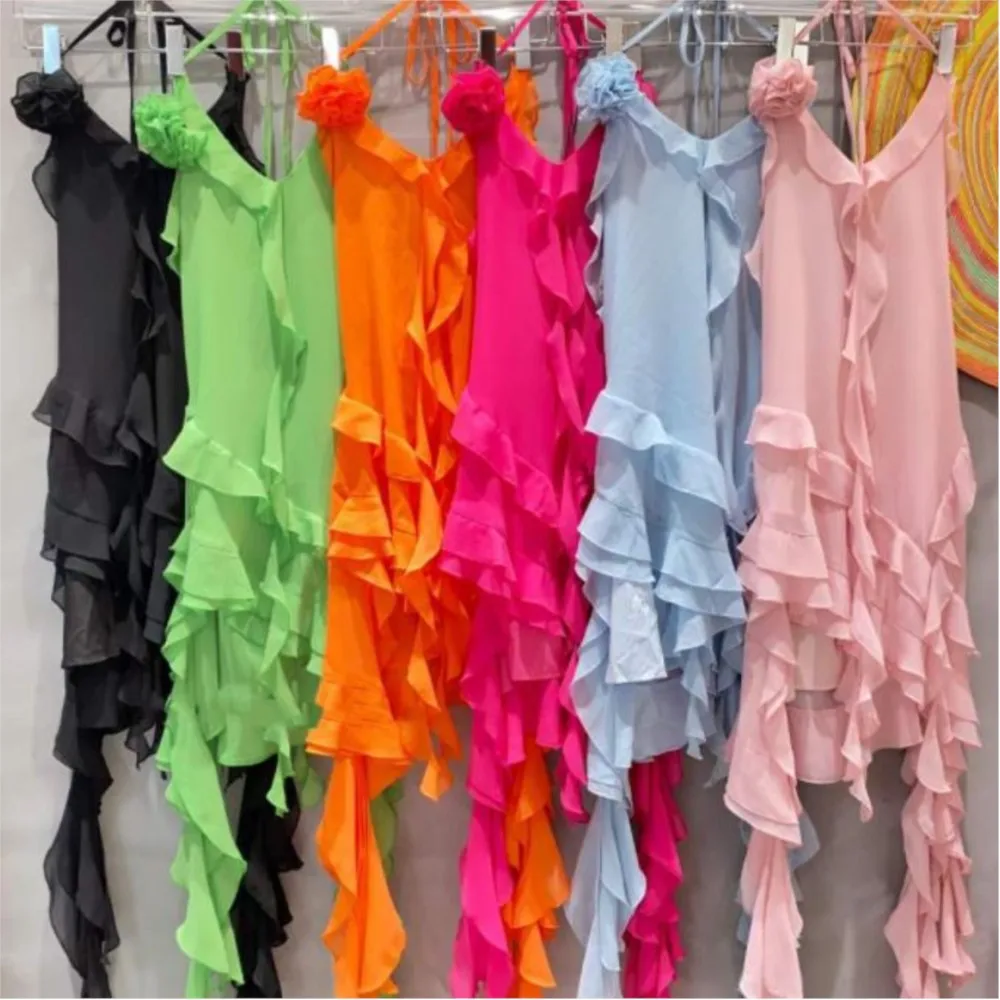 

Summer New Sexy Hanging Neck Flower Dress Ribbon Short Sleeveless Strap Fashion dress women