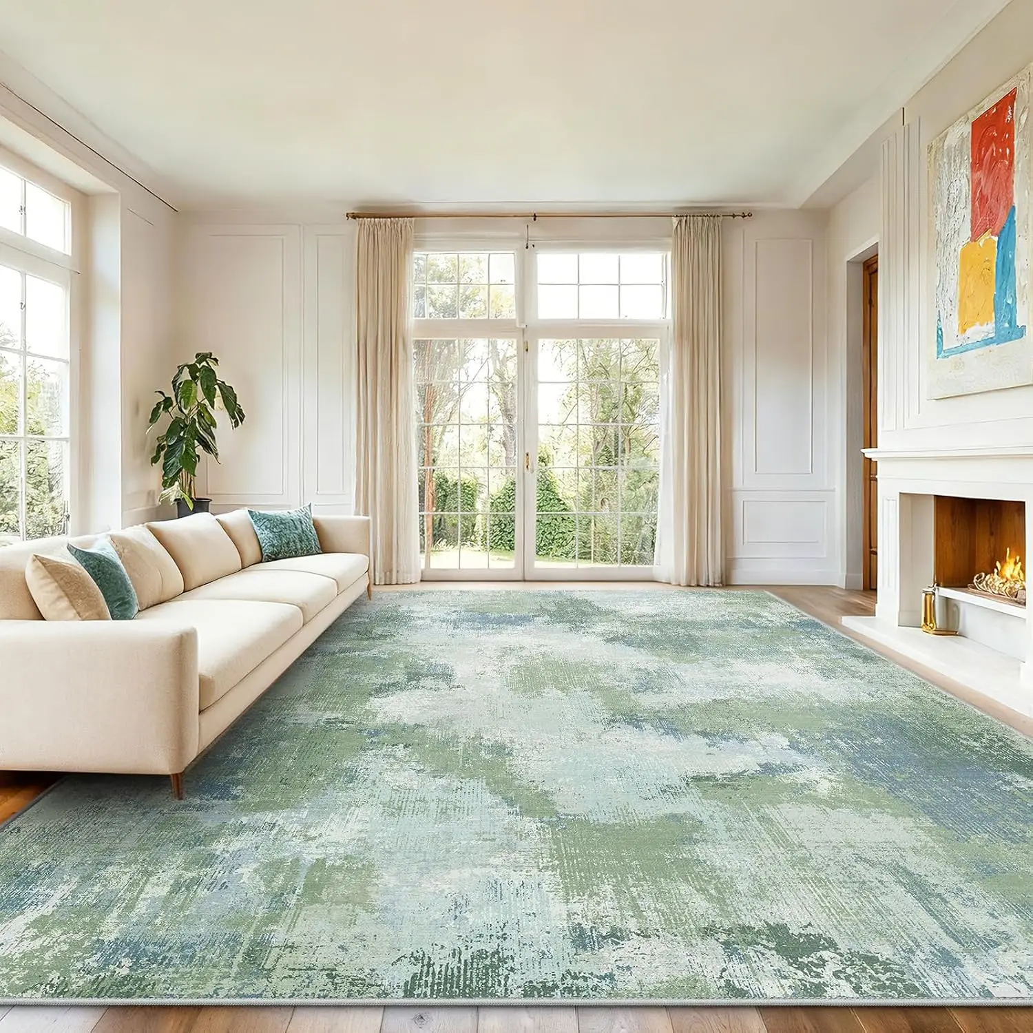 Polypropylene Area Rug, Modern Transitional Pattern Floor Carpet For Living Room Dining Area And Bedroom, Durable Non Slip Large Indoor Mat, Green Single Pack - view 2