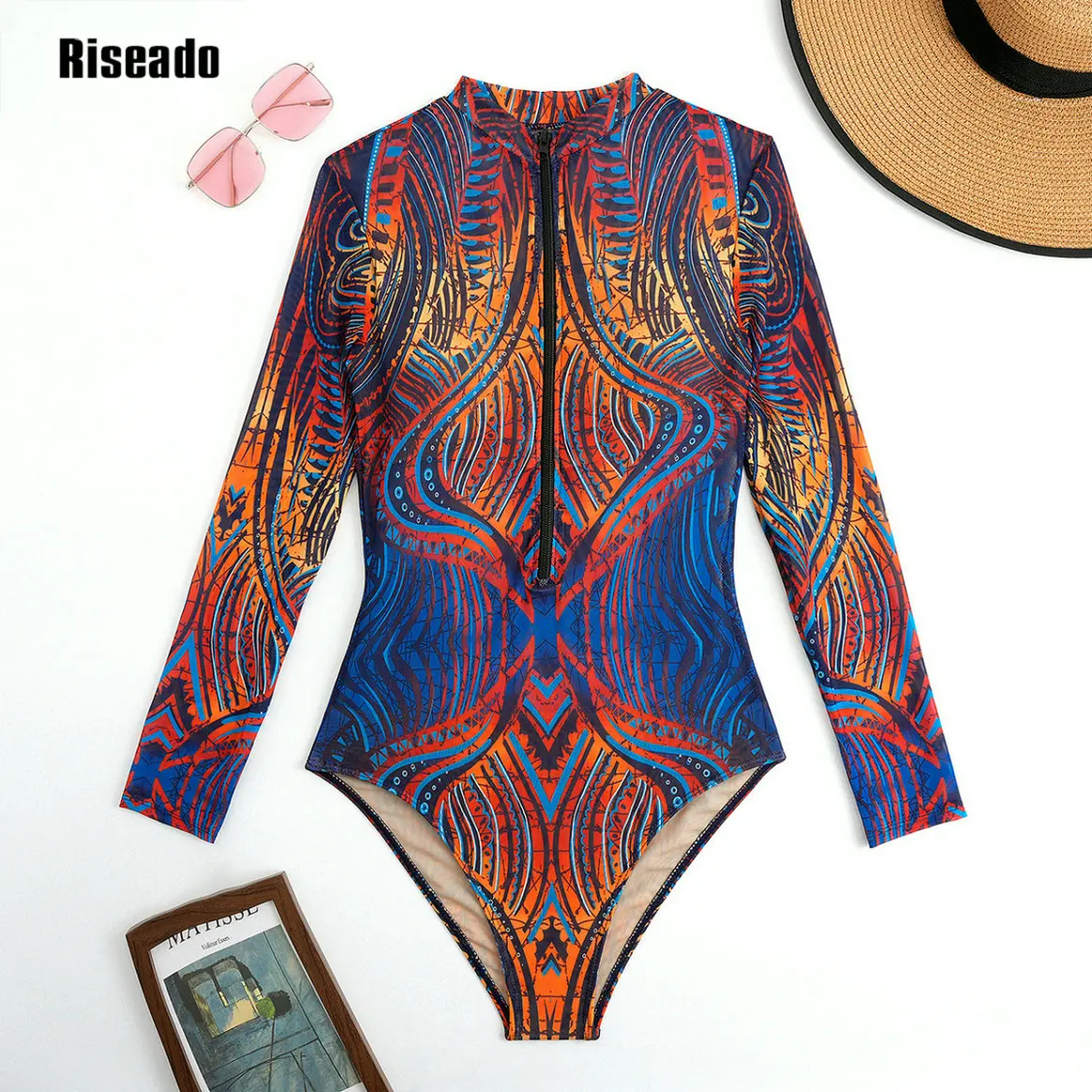 Costume da spiaggia in rete da donna stampato sexy a vita alta da surf costume intero con maniche lunghe di grandi dimensioni