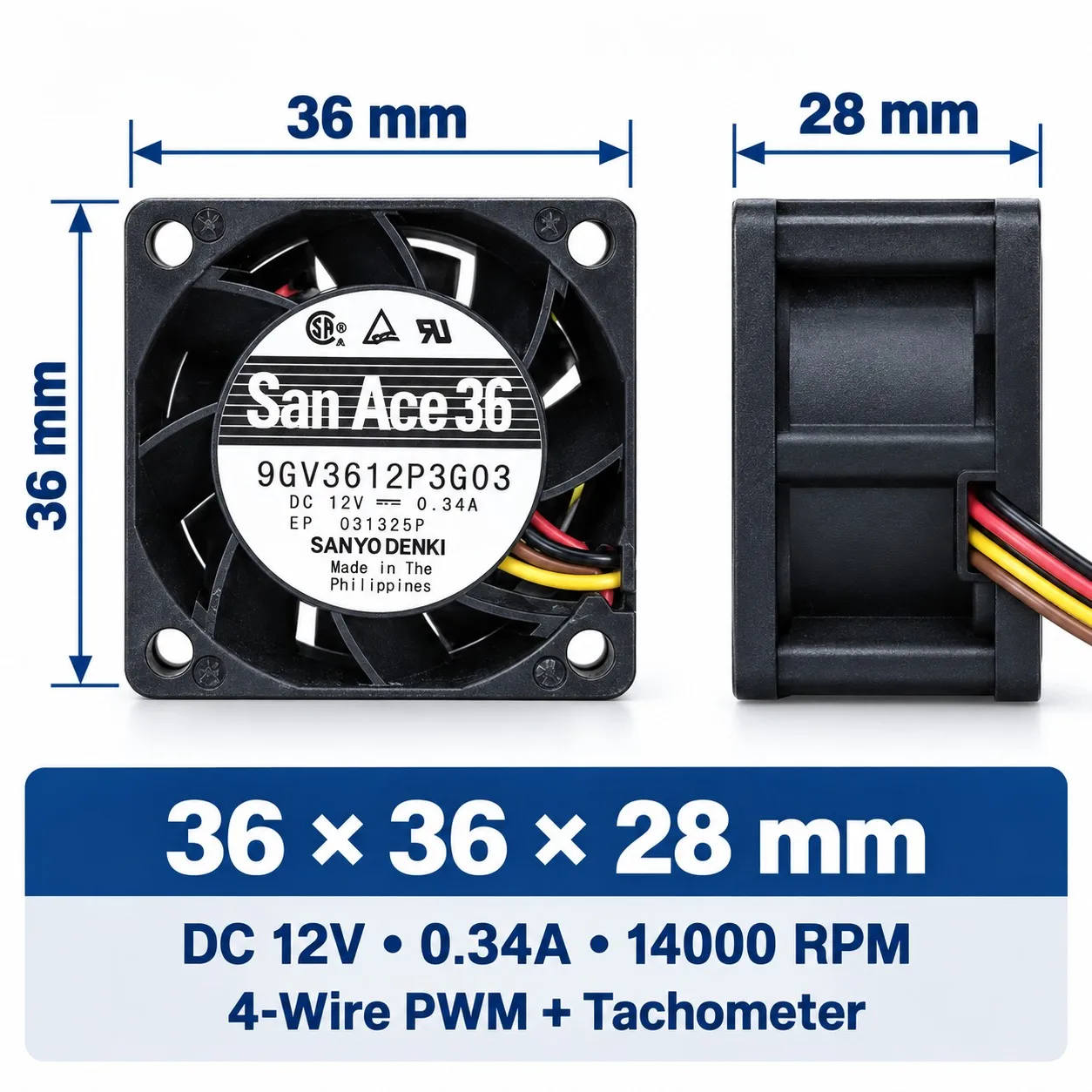 9GV3612P3G03 PC Case Cooling Fan 36x36x28mm 3628 12V 0.34A 14000RPM PWM Tachometer for SANYO DENKI