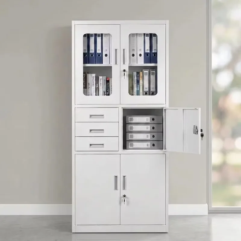 Modern Steel Storage Cabinet with Glass Doors & 3 Drawers Lockable for Office Home Workshop & School Use
