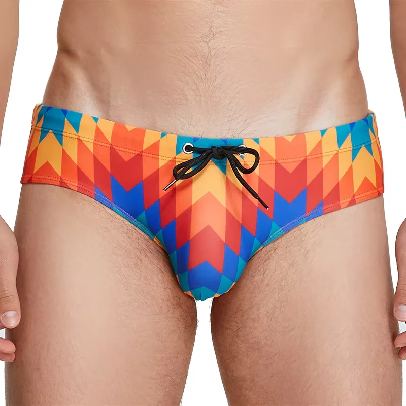 Summer Geometric Print Swim Briefs for Men Quick-Drying Swimming Briefs Elastic Drawstring Bathing Suits for Pool Spa Beach Wear