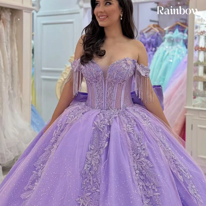 Fioletowa suknia Quinceañera z organzy z haftem i cekinami, księżniczka, suknia balowa, bez rękawów, dekolt łódka, szyta na miarę, suknie na studniówkę, kokarda