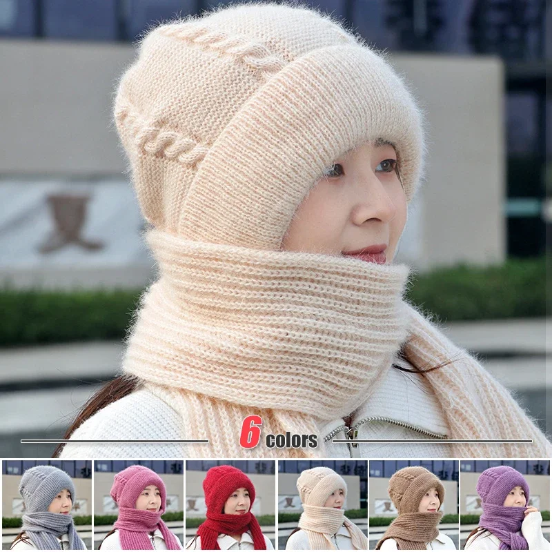 Fashion Lady Winter Knitted Warm Thickened Ear Protection Windproof Scarf Hat Ear Protection Hat Knitted Hats