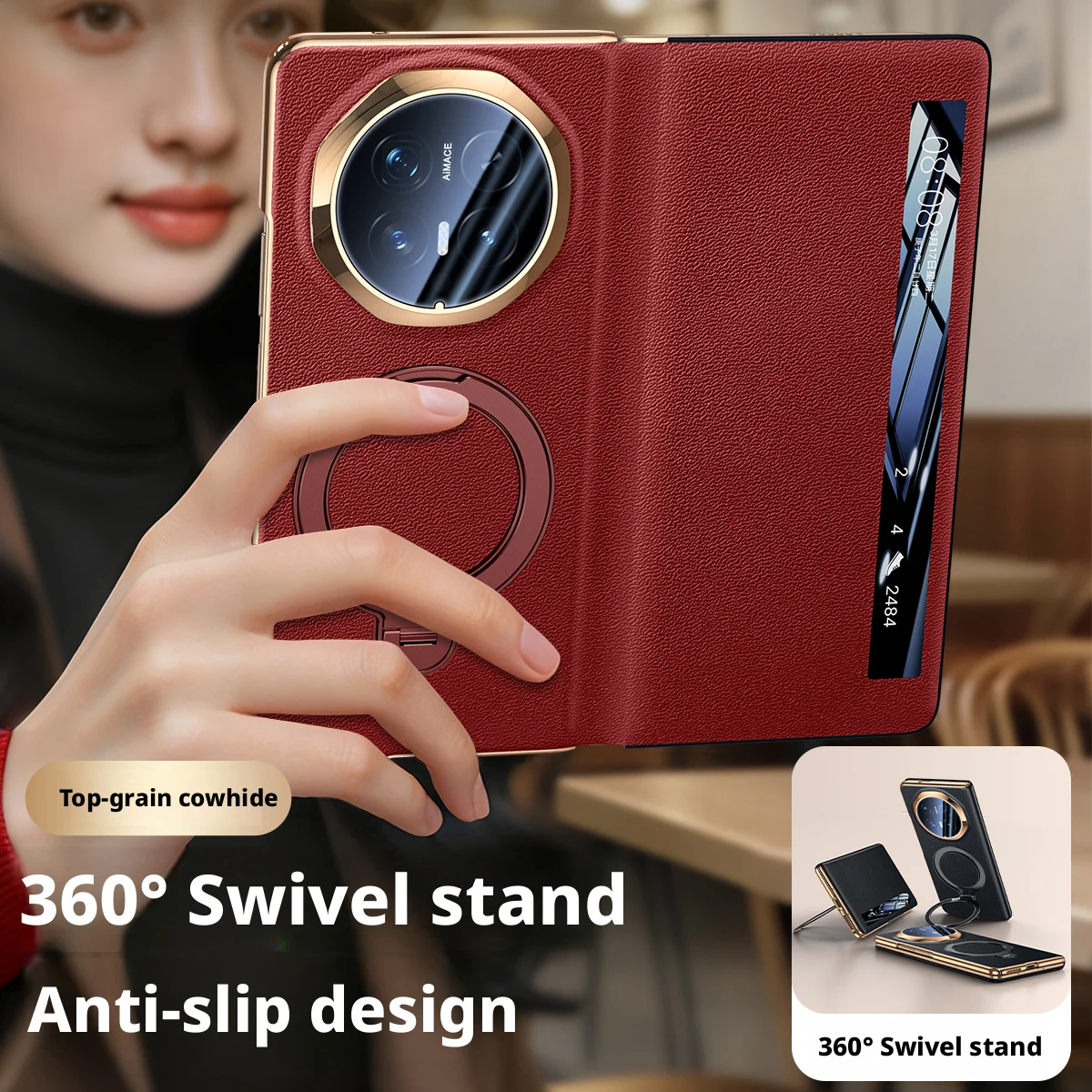 Premium Genuine Leather Case For Honor Magic V6 360° Rotating Stand Smart Window Answer Calls Lens Protective Cover