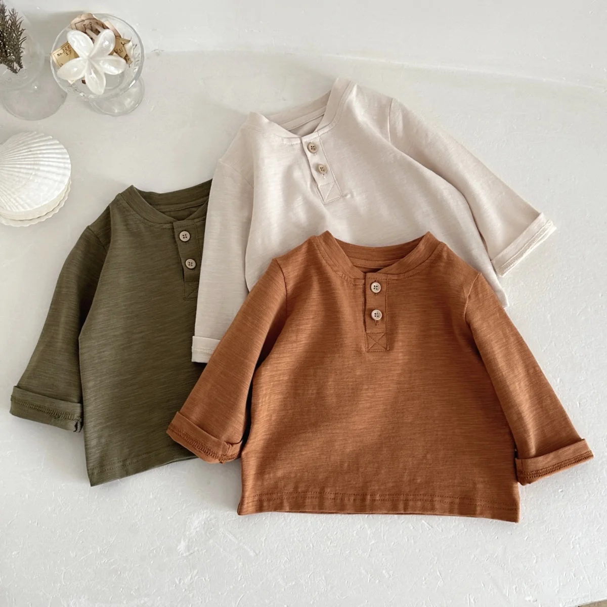 Unisex Toddler 3Pcs Long Sleeve T-shirt Set Baby Bamboo Cotton Solid Henley Tops Front Button Soft Casual Basic Shirts for Boys