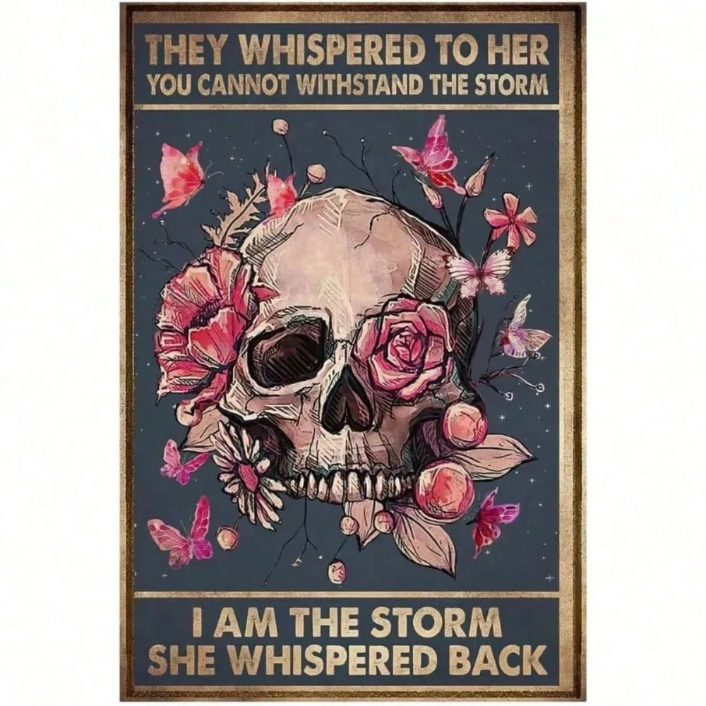 

Goth Metal Wall Art Funny Skull Flowers Tin Sign Halloween Home Decor For Bar Cafe Pub Man Cave