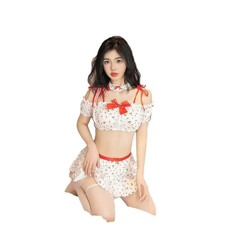 Sexy Lingerie Sweet and Cute Style Two-piece Cherry Print Adorns The Bra Bow Trim Collocation T Pants Silk Stockings Gift