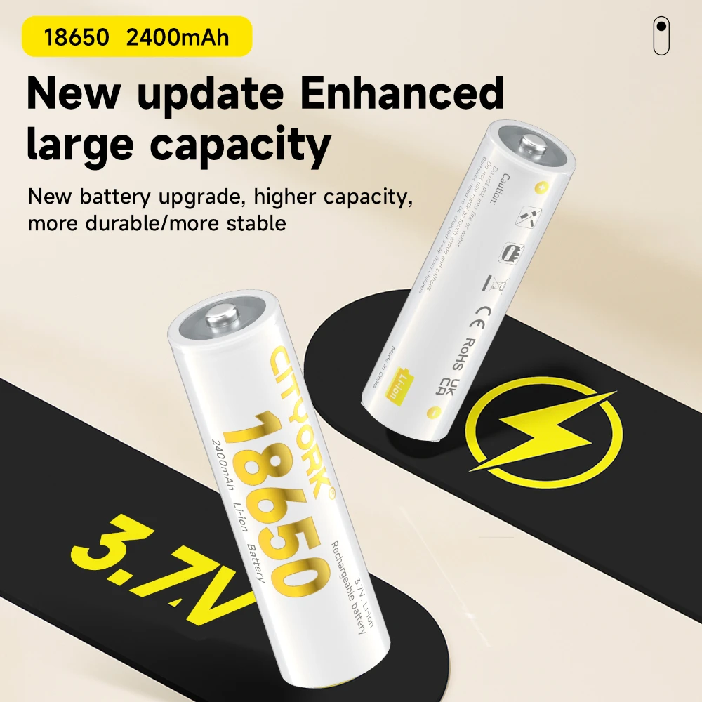 18650 リチウムイオン電池 3.7V、2400mAh、4 スロット独立チャンネル充電器付き、小型ファン、懐中電灯、電気玩具に使用