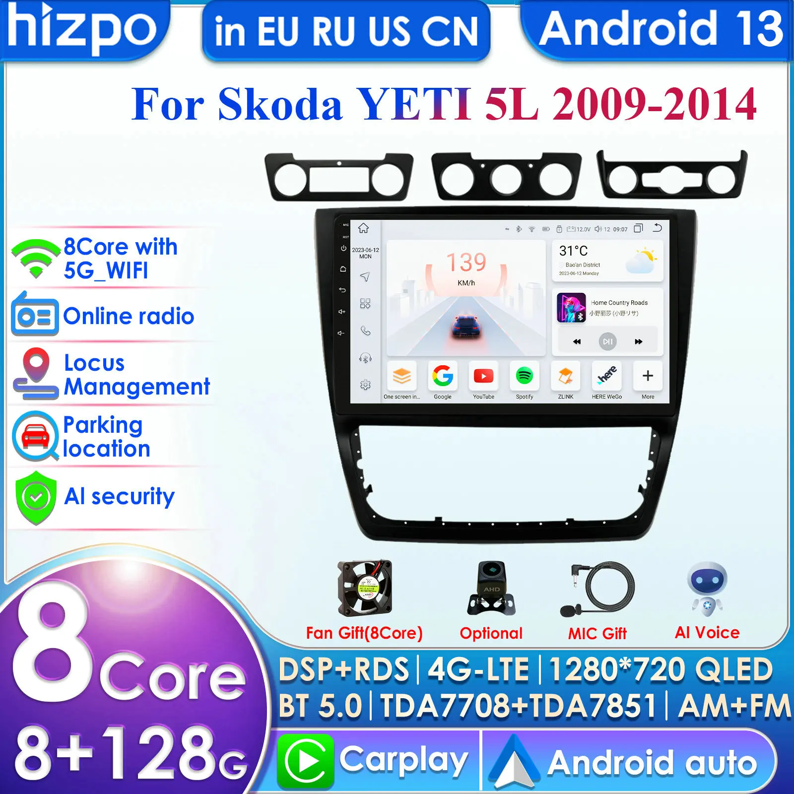 Hizpo 4G 10.1'' AI Intelligent Systems Wireless CarPlay Android Auto Radio for Skoda Yeti 5L 2009 - 2014 Car Multimedia GPS 2din