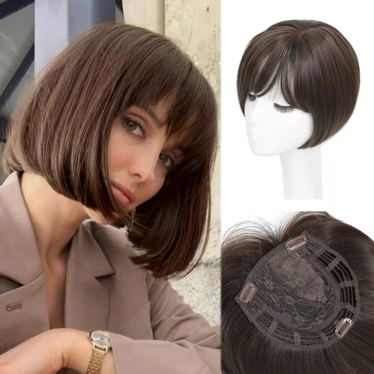 10inch Synthetic Fiber Wig Women's Bobo Short Straight Hair with Bangs Fashion Black High Temperature Silk Full Head Cover Wig