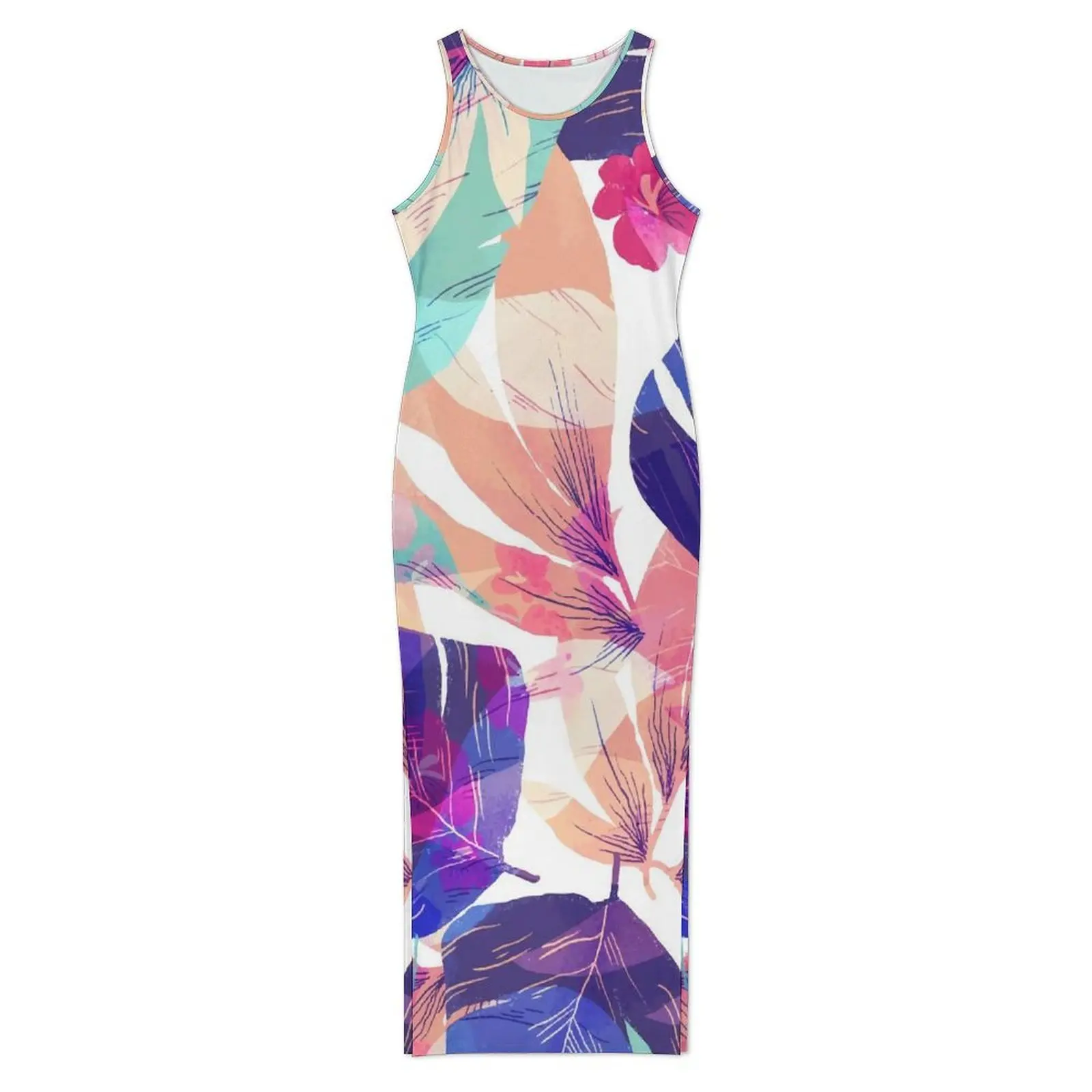 Colorful Leaf Print Bodycon Dress Summer Tropical Floral Vintage Maxi Dresses Women Sleeveless Pattern Fashion Dress Large Size